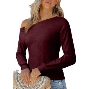 imageEVALESS Womens Off The Shoulder Tops Casual Long Sleeve Asymmetrical Boat Neck Going Out Tops T Shirts Fashion ClothingBurgundy