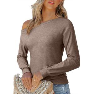 imageEVALESS Womens Off The Shoulder Tops Casual Long Sleeve Asymmetrical Boat Neck Going Out Tops T Shirts Fashion ClothingDark Khaki