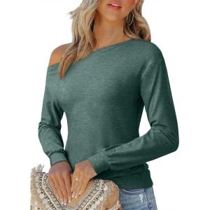 imageEVALESS Womens Off The Shoulder Tops Casual Long Sleeve Asymmetrical Boat Neck Going Out Tops T Shirts Fashion ClothingMist Green