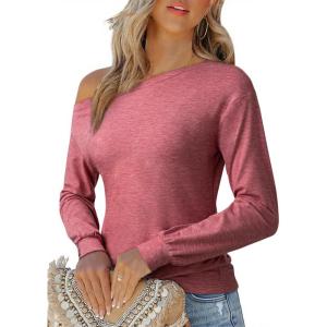 imageEVALESS Womens Off The Shoulder Tops Casual Long Sleeve Asymmetrical Boat Neck Going Out Tops T Shirts Fashion ClothingPink