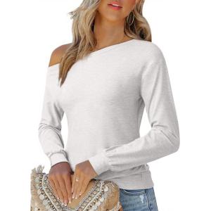 imageEVALESS Womens Off The Shoulder Tops Casual Long Sleeve Asymmetrical Boat Neck Going Out Tops T Shirts Fashion ClothingWhite