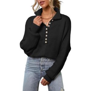 imageEVALESS Womens Oversized Knit Chunky Fall Sweater Tops 2024 V Neck Long Sleeve Lapel Collar Button Pullover OutfitsBlack