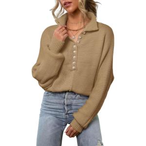 imageEVALESS Womens Oversized Knit Chunky Fall Sweater Tops 2024 V Neck Long Sleeve Lapel Collar Button Pullover OutfitsKhaki