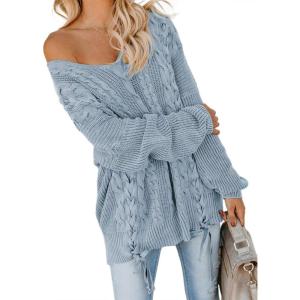 imageEVALESS Womens Oversized Off Shoulder Cable Knit V Neck Chunky Long Sleeve Sweaters Pullover Loose Fitting Jumper TopsSky Blue