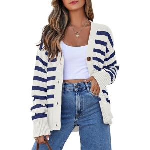 imageEVALESS Womens Striped Cardigan Sweaters Long Sleeve V Neck Lightweight Open Front Button Down Knit CardigansBlue Stripe