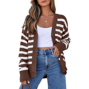 imageEVALESS Womens Striped Cardigan Sweaters Long Sleeve V Neck Lightweight Open Front Button Down Knit CardigansBrown Stripe