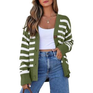 imageEVALESS Womens Striped Cardigan Sweaters Long Sleeve V Neck Lightweight Open Front Button Down Knit CardigansDark Green Stripe