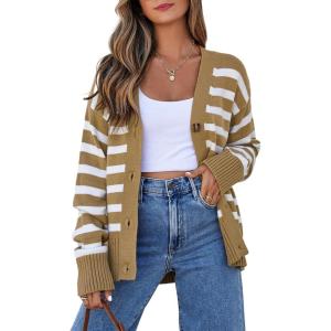 imageEVALESS Womens Striped Cardigan Sweaters Long Sleeve V Neck Lightweight Open Front Button Down Knit CardigansKhaki Stripe