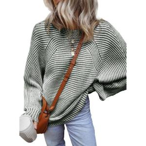 imageEVALESS Womens Striped Sweaters Fall Outfits Tops for Women Trendy 2025 Business Casual Work Clothes Oversized Crewneck Off Shoulder Green Sweaters Long Sleeve Sweatshirts Winter Teacher Tops Medium