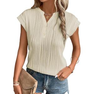 imageEVALESS Womens Summer Short Sleeve Textured Tops Trendy V Neck Cap Sleeve Solid Loose Dressy Casual Basic T Shirts BlousesBeige