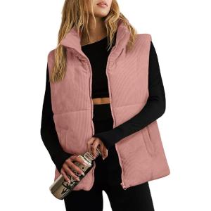 imageEVALESS Corduroy Puffer Vest for Women Lightweight Stand Collar Sleeveless Jackets Zip Up Clothes Fashion 2025Apricot Pink