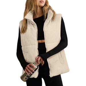 imageEVALESS Corduroy Puffer Vest for Women Lightweight Stand Collar Sleeveless Jackets Zip Up Clothes Fashion 2025Beige
