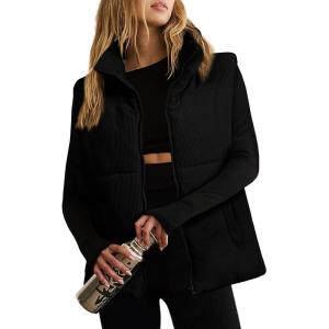 imageEVALESS Corduroy Puffer Vest for Women Lightweight Stand Collar Sleeveless Jackets Zip Up Clothes Fashion 2025Black