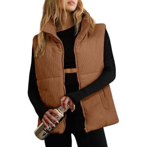 imageEVALESS Corduroy Puffer Vest for Women Lightweight Stand Collar Sleeveless Jackets Zip Up Clothes Fashion 2025Brown