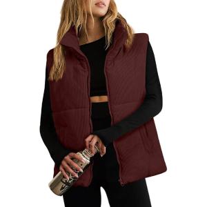 imageEVALESS Corduroy Puffer Vest for Women Lightweight Stand Collar Sleeveless Jackets Zip Up Clothes Fashion 2025Burgundy