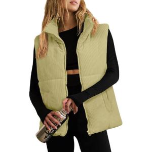 imageEVALESS Corduroy Puffer Vest for Women Lightweight Stand Collar Sleeveless Jackets Zip Up Clothes Fashion 2025Grass Green