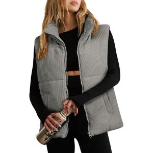 imageEVALESS Corduroy Puffer Vest for Women Lightweight Stand Collar Sleeveless Jackets Zip Up Clothes Fashion 2025Gray