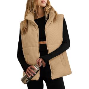 imageEVALESS Corduroy Puffer Vest for Women Lightweight Stand Collar Sleeveless Jackets Zip Up Clothes Fashion 2025Khaki