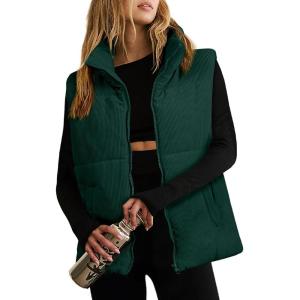 imageEVALESS Corduroy Puffer Vest for Women Lightweight Stand Collar Sleeveless Jackets Zip Up Clothes Fashion 2025Peacock Green