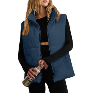 imageEVALESS Corduroy Puffer Vest for Women Lightweight Stand Collar Sleeveless Jackets Zip Up Clothes Fashion 2025Sail Blue