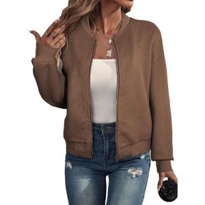 imageEVALESS Womens Bomber Jacket Coat Casual Stand Collar Zip Up Lightweight Fall Fashion Jackets Outfits with PocketsBrown