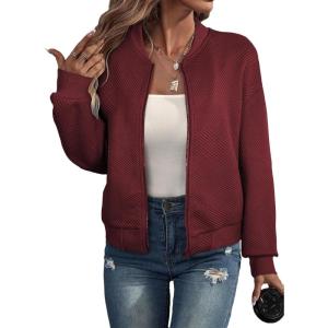 imageEVALESS Womens Bomber Jacket Coat Casual Stand Collar Zip Up Lightweight Fall Fashion Jackets Outfits with PocketsBurgundy