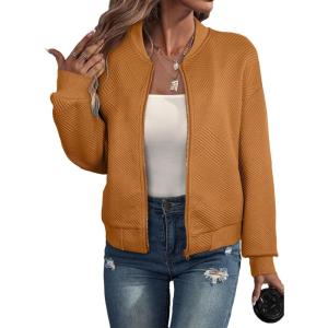 imageEVALESS Womens Bomber Jacket Coat Casual Stand Collar Zip Up Lightweight Fall Fashion Jackets Outfits with PocketsCamel