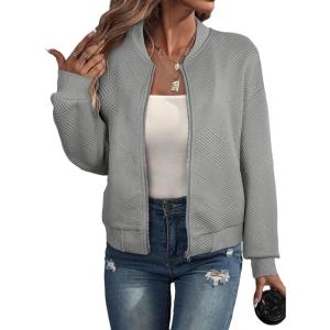 imageEVALESS Womens Bomber Jacket Coat Casual Stand Collar Zip Up Lightweight Fall Fashion Jackets Outfits with PocketsGrey