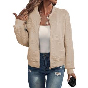 imageEVALESS Womens Bomber Jacket Coat Casual Stand Collar Zip Up Lightweight Fall Fashion Jackets Outfits with PocketsKhaki