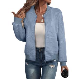 imageEVALESS Womens Bomber Jacket Coat Casual Stand Collar Zip Up Lightweight Fall Fashion Jackets Outfits with PocketsLight Blue