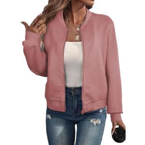 imageEVALESS Womens Bomber Jacket Coat Casual Stand Collar Zip Up Lightweight Fall Fashion Jackets Outfits with PocketsPink