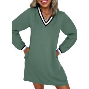 imageEVALESS Womens Dresses 2025 Fall V Neck Long Sleeve Casual Tshirt Dress Spring Contrast Striped Sweatshirt DressGreen Bay