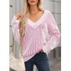 imageEVALESS Sweater for Women 2024 Fall Trendy V Neck Long Sleeve Pullover Sweaters Loose Casual Color Block Ribbed Knit TopsBright Pink