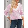 imageEVALESS Sweater for Women 2024 Fall Trendy V Neck Long Sleeve Pullover Sweaters Loose Casual Color Block Ribbed Knit TopsBright Pink