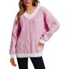 imageEVALESS Sweater for Women 2024 Fall Trendy V Neck Long Sleeve Pullover Sweaters Loose Casual Color Block Ribbed Knit TopsBright Pink
