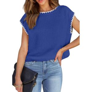 imageEVALESS Womens Cap Sleeve Sweater Vest Crewneck Short Sleeve Sweaters 2025 Spring Summer Trendy Casual Knit TopsB Bluing
