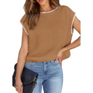 imageEVALESS Womens Cap Sleeve Sweater Vest Crewneck Short Sleeve Sweaters 2025 Spring Summer Trendy Casual Knit TopsB Camel