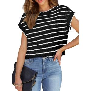 imageEVALESS Womens Cap Sleeve Sweater Vest Crewneck Short Sleeve Sweaters 2025 Spring Summer Trendy Casual Knit TopsBlack Stripe