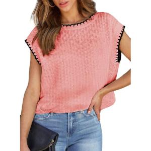 imageEVALESS Womens Cap Sleeve Sweater Vest Crewneck Short Sleeve Sweaters 2025 Spring Summer Trendy Casual Knit TopsPink
