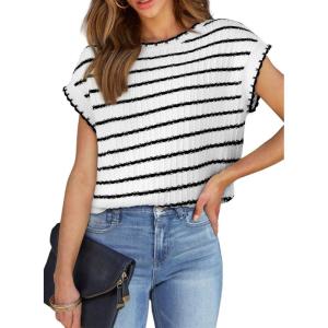 imageEVALESS Womens Cap Sleeve Sweater Vest Crewneck Short Sleeve Sweaters 2025 Spring Summer Trendy Casual Knit TopsWhite Stripe
