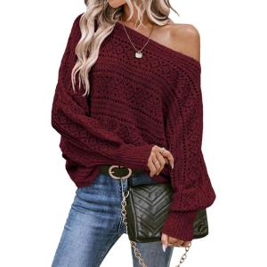 imageEVALESS Womens Crochet Boat Neck Long Sleeve Loose Fit Sweaters Fall Winter Clothes for Women Fashion 2025Burgundy