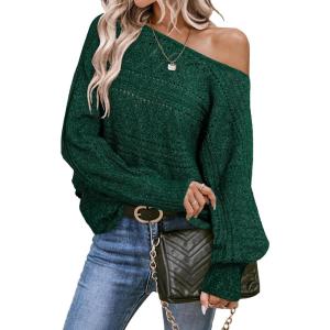 imageEVALESS Womens Crochet Boat Neck Long Sleeve Loose Fit Sweaters Fall Winter Clothes for Women Fashion 2025Dark Green