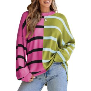 imageEVALESS Womens Striped Sweaters Long Sleeve Cable Knitted Color Block Casual Loose Lightweight Oversized Sweaters PulloverRose Red