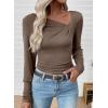 imageEVALESS Women Long Sleeve Pleated V Neck Rib Knit Slim Fit Shirts Basic Tops 2025 Casual TShirt Going Out Workout OutfitsDark Khaki