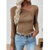 imageEVALESS Women Long Sleeve Pleated V Neck Rib Knit Slim Fit Shirts Basic Tops 2025 Casual TShirt Going Out Workout OutfitsPale Khaki