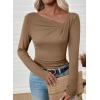 imageEVALESS Women Long Sleeve Pleated V Neck Rib Knit Slim Fit Shirts Basic Tops 2025 Casual TShirt Going Out Workout OutfitsPale Khaki