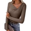 imageEVALESS Women Long Sleeve Pleated V Neck Rib Knit Slim Fit Shirts Basic Tops 2025 Casual TShirt Going Out Workout OutfitsDark Khaki