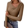 imageEVALESS Women Long Sleeve Pleated V Neck Rib Knit Slim Fit Shirts Basic Tops 2025 Casual TShirt Going Out Workout OutfitsPale Khaki