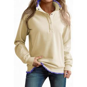 imageEVALESS Sweatshirt for Women Fall Fashion 2025 Lightweight Long Sleeve Loose Henley Ruffle Pullover Tops Winter ClothesBeige