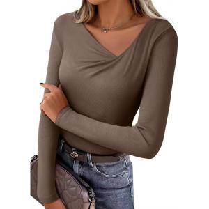 imageEVALESS Women Long Sleeve Pleated V Neck Rib Knit Slim Fit Shirts Basic Tops 2025 Casual TShirt Going Out Workout OutfitsDark Khaki